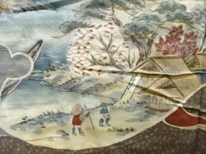 アンティーク　富士に田舎風景模様肩裏本場村山泥大島紬男物羽織